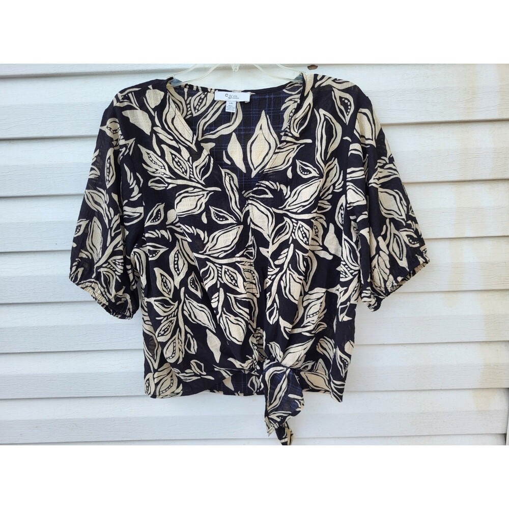 C by One Black & Beige Botanical Front-Tie Blouse – Size L